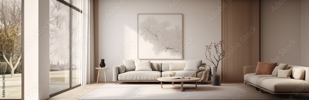 Warm and Cozy Composition of Modern Interior design, living room decoration, furniture, sofa, photo frame, plants and stylish lamp, .contemporary and luxury home and apartment Concept, Generative AI