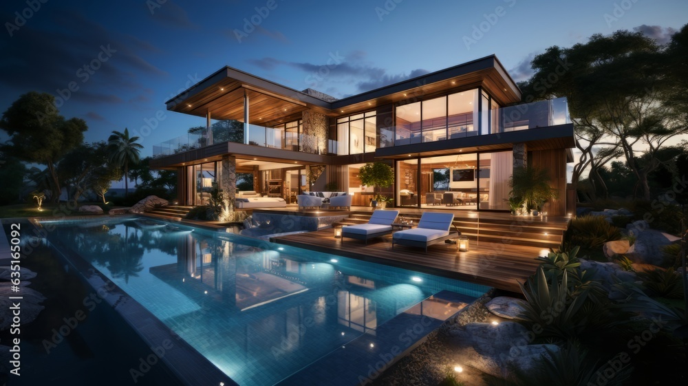 Luxury modern Pool villa House with swimming pool, Contemporary Residence, Real estate property, Travel and summer vacation, Tourist and relaxation, sunset and twilight time, Generative AI