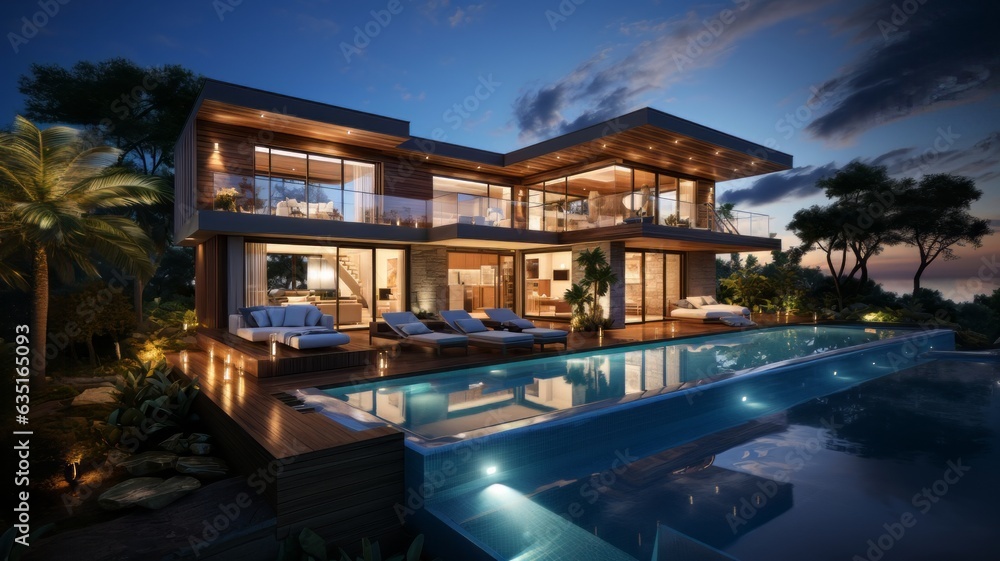 Luxury modern Pool villa House with swimming pool, Contemporary Residence, Real estate property, Travel and summer vacation, Tourist and relaxation, sunset and twilight time, Generative AI