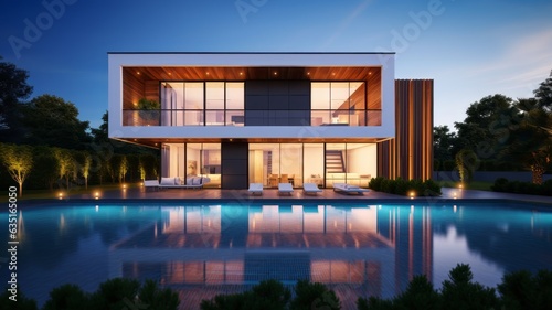 Luxury modern Pool villa House with swimming pool, Contemporary Residence, Real estate property, Travel and summer vacation, Tourist and relaxation, sunset and twilight time, Generative AI © THANANIT