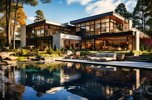 a pool surrounded by lawn and large house