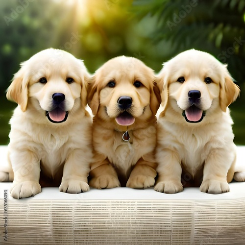 Puppies of the Golden Retriever breed lying on a cozy pillow. Created with generative Ai technology.