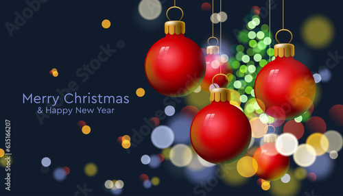 Christmas red baubles sparkle in blur bokeh effect background. Text Merry Christmas