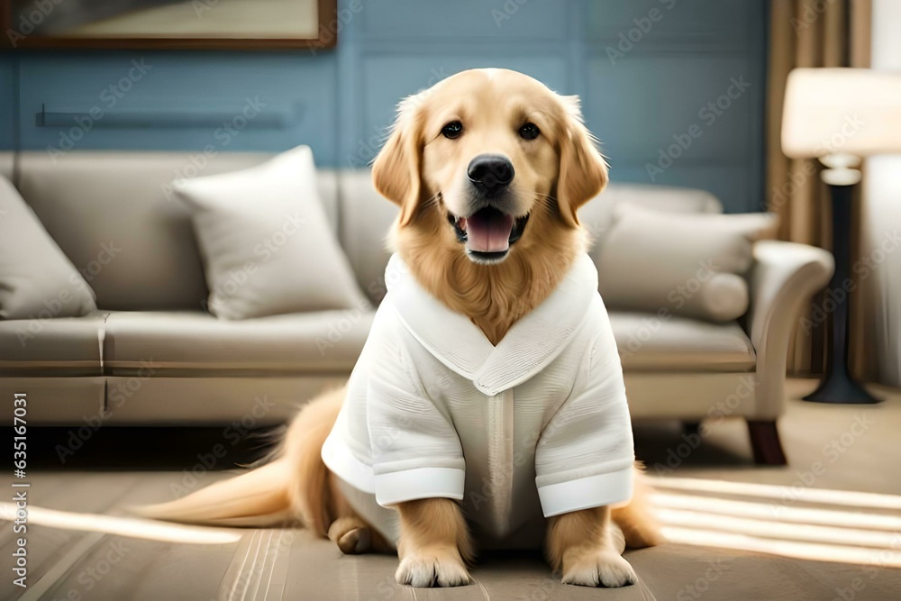 Happy golden retriever dog wearing a white robe. Created with generative Ai technology.