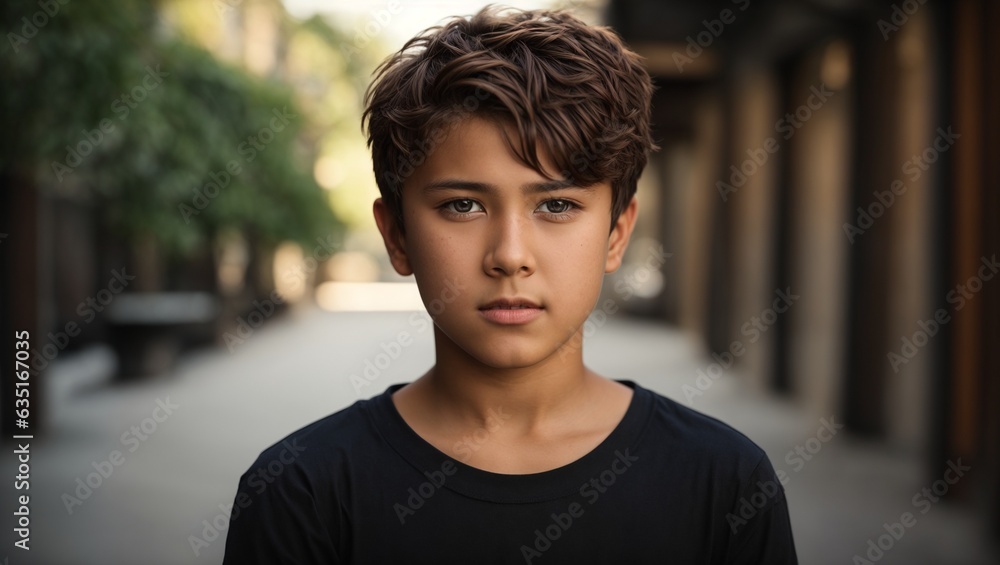 A young boy standing in front of a building on the sidewalk A young boy standing in front of a building on the sidewalk