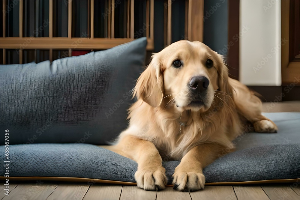 Golden retriever dog lying on a comfortable and cozy pillow. Created with generative Ai technology.