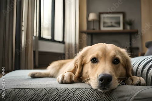Golden retriever dog lying on a comfortable and cozy pillow. Created with generative Ai technology.