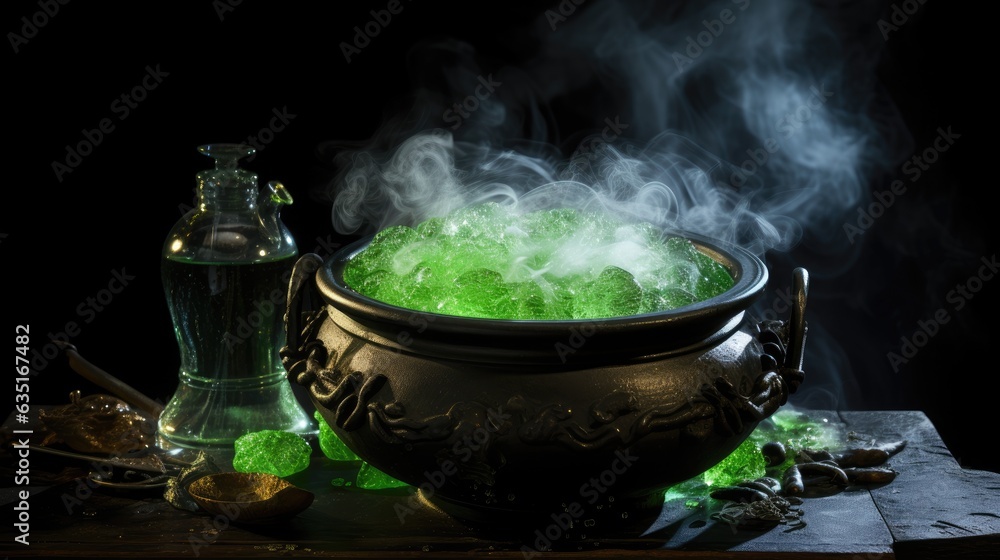 Witch's cauldron bubbling with a green potion, isolated on a black background Witch's cauldron bubbling with a green potion, isolated on a black background