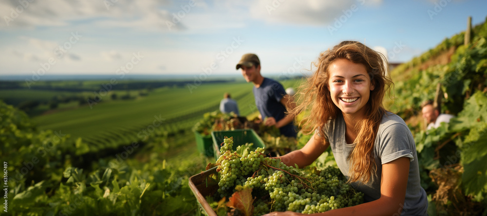 teenagers have fun harvesting grapes in the south of France, summer job - obrazy, fototapety, plakaty 