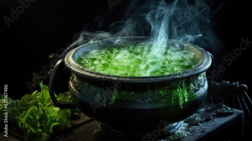 Witch's cauldron bubbling with a green potion, isolated on a black background