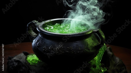 Witch's cauldron bubbling with a green potion, isolated on a black background