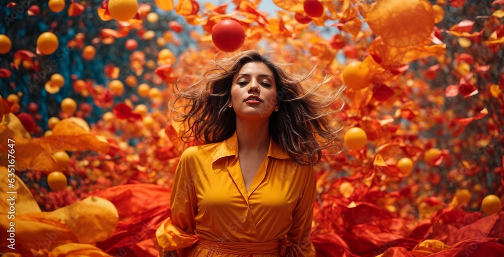 A woman in a yellow dress surrounded by orange and red balloons A woman in a yellow dress surrounded by orange and red balloons