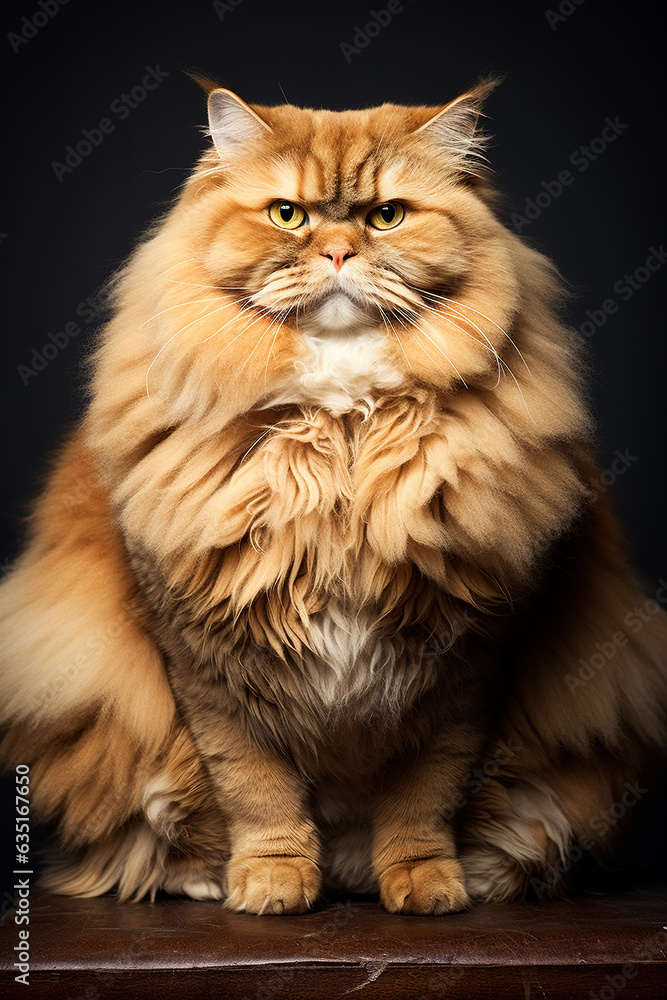 Portrait of a fat furry cat with an angry expression