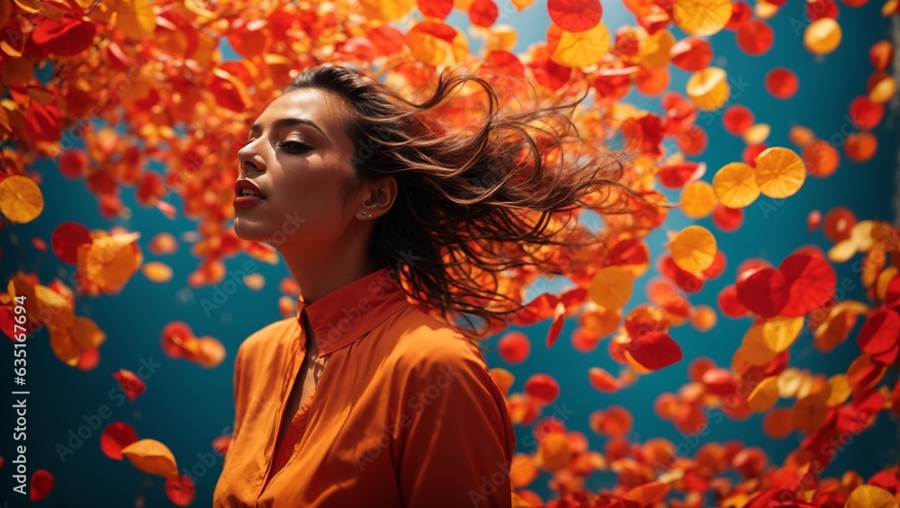 A woman surrounded by colorful confetti
