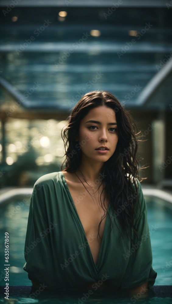 A woman in a green dress sitting in a pool