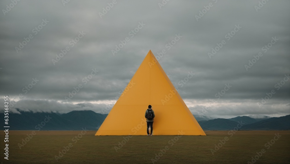A man standing in front of a large yellow triangle