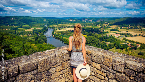 Vászonkép Woman traveling in France-Dordogne river viewpoint of Domme