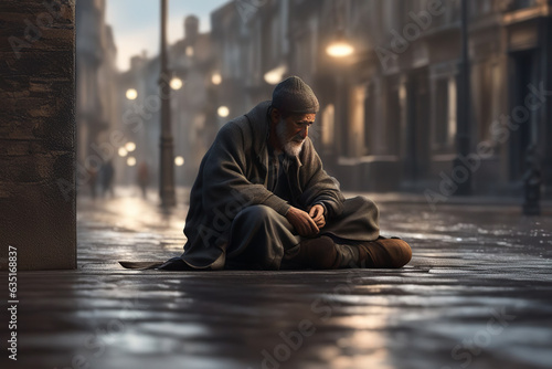 An old homeless poor and sad grandfather sits on a dirty street under the streetlights.