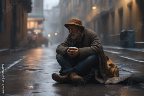 An old blind homeless man with a glass in his hands begging for alms on a rainy street.