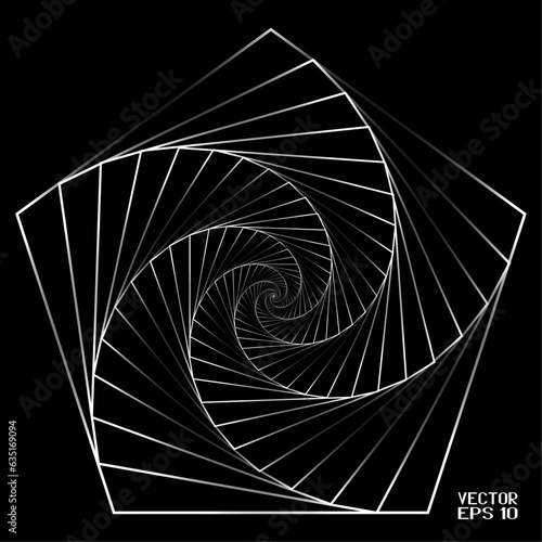 Abstract Black and White Geometric Pattern with Spiral Stairs. Banner of Polygonal Texture Pentagon Tunnel. Vector. 3D Illustration