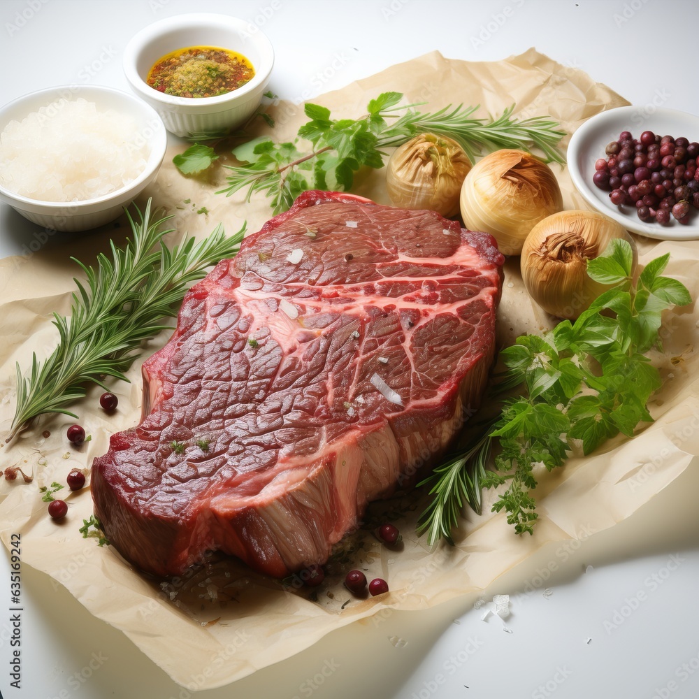 Large piece of beef meat, raw ingredient for steak. Prepared marinated meat for grill and oven. Hearty food. Background with spices. Place for text. Large piece of beef meat, raw ingredient for steak. Prepared marinated meat for grill and oven. Hearty food. Background with spices. Place for text.