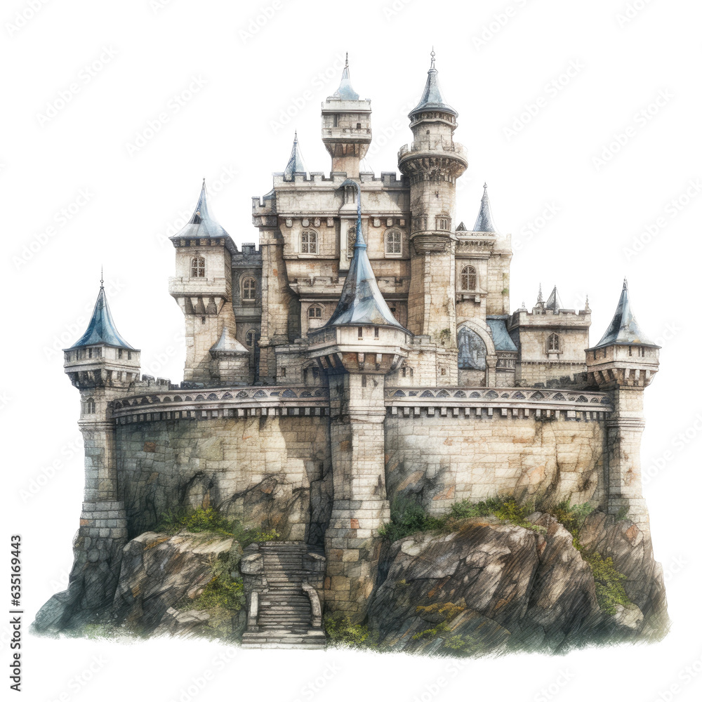 a castle with round turrets in a Medieval-themed, photorealistic illustration in a PNG, cutout, and isolated. generative ai