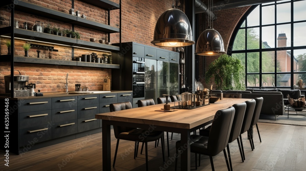 Modern nordic kitchen in a loft, featuring a wooden table, chairs and two oversized lamps