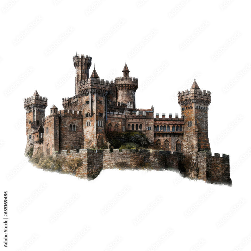 a castle with square turrets in a Medieval-themed, photorealistic illustration in a PNG, cutout, and isolated. generative ai