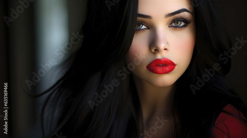 Beautiful young woman, with long black hair and red lip gloss. Generative AI