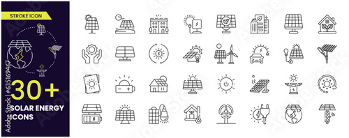 Solar panel stroke icon set with sun power home systems and renewable electric energy technology editable stroke line signs: house, cell, battery, vehicle.