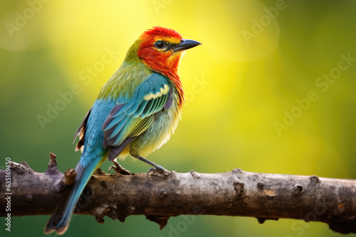 A colorful bird perched on a branch. The bird has a red head, green body, and blue wings. The bird is facing to the right and appears to be alert