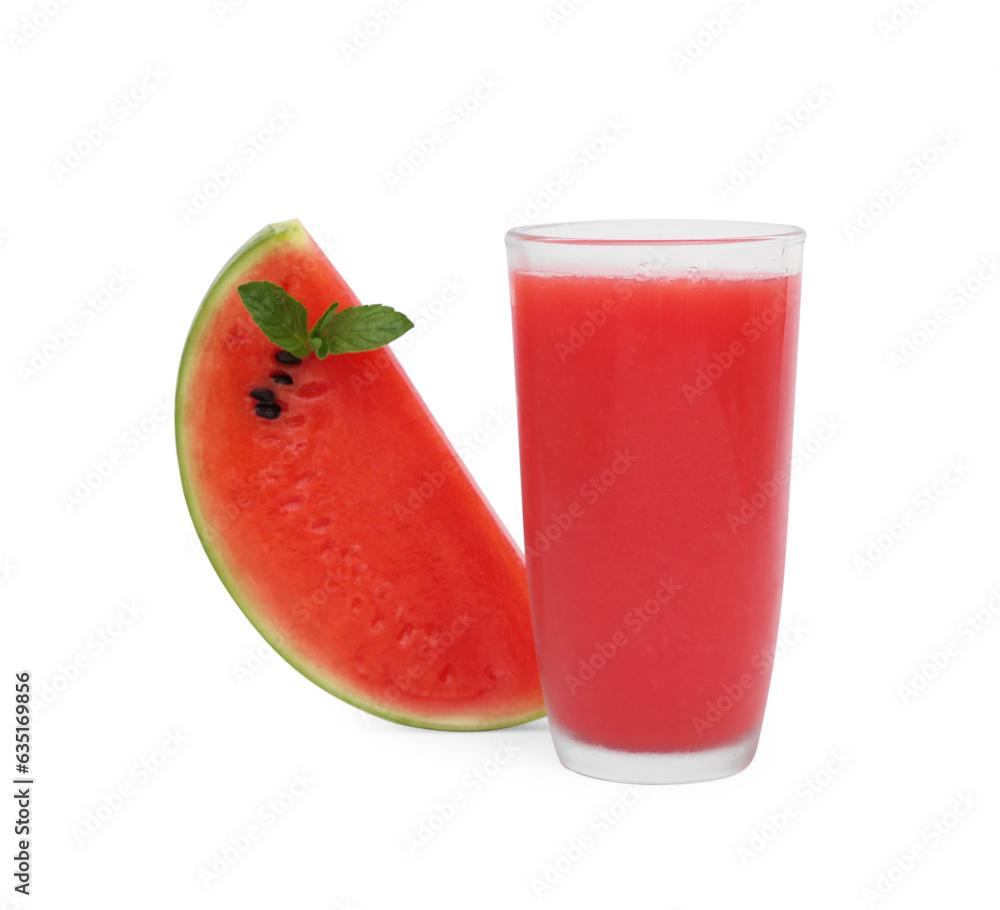 Glass of delicious drink, mint and cut fresh watermelon isolated on white Glass of delicious drink, mint and cut fresh watermelon isolated on white