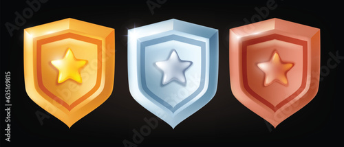 3D game badge kit, vector level up UI medal set, ranking golden shield, silver fantasy emblem, star. Award icon collection, bonus winner metal prize, bronze trophy success reward. RPG game badge