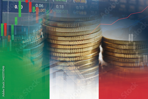 Fototapeta Naklejka Na Ścianę i Meble -  Stock market investment trading financial, coin and Italy flag , finance business trend data background.