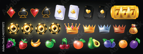 3D casino icon set, vector game UI slot Vegas element kit, cartoon fruit, golden trophy crown, cards. Roulette victory chips, luxury jackpot bonus sign, gambling slot symbol. Casino icon assets