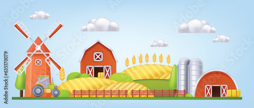 3D farm barn landscape, vector mill house front view, red silo cartoon agriculture building exterior. Rural wooden stable yellow wheat field, village barnyard granary tower clipart. Farm barn tractor