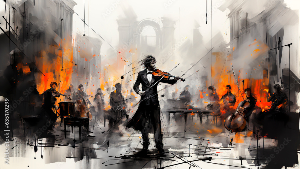 Violinist playing the violin in the city. Abstract illustration. - obrazy, fototapety, plakaty 