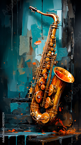 A abstract Saxophone on the background of an oil painting. Illustration.