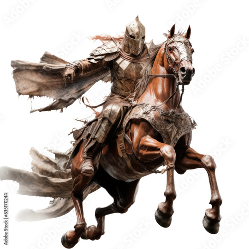 a Knight in armor on a sorrel rust-colored horse in motion in a Medieval-themed, photorealistic illustration in a PNG, cutout, and isolated. generative ai