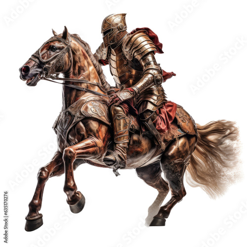 a Knight on a horse with sword 3/4 view in an isolated and transparent PNG in a Medieval-themed, photorealistic illustration. Generative ai © Purple Penguin GFX