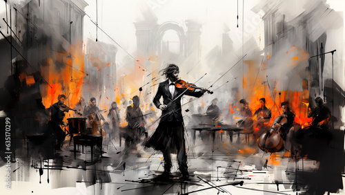 Violinist playing the violin in the city. Abstract illustration.