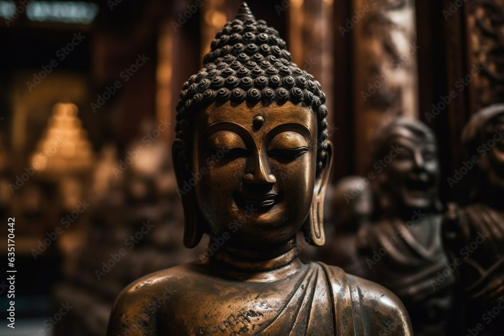 Bronze face of bronze Buddha, dark background, zen spiritual ritual meditating. Spiritual awakening. Statue of Buddha in temple and a small meditation. Religion concept, esoterics. Generative AI.