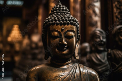 Bronze face of bronze Buddha, dark background, zen spiritual ritual meditating. Spiritual awakening. Statue of Buddha in temple and a small meditation. Religion concept, esoterics. Generative AI. © Valeriia