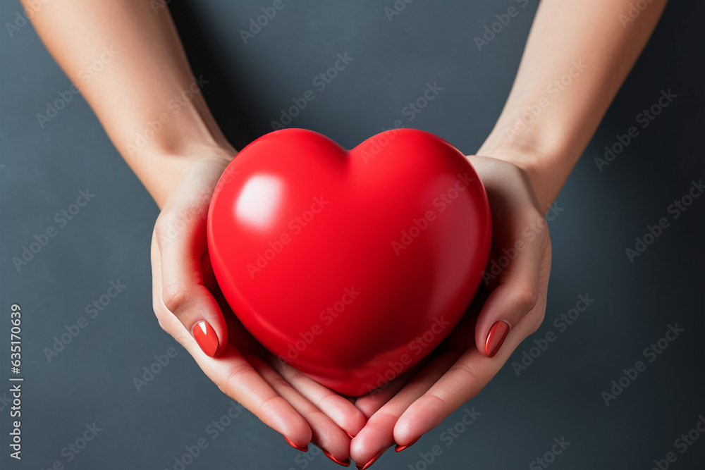 Healthcare, women medical issues and Valentine's day love. Woman in grey dress hold red heart made of plastic. Concept of a holiday and health heart relationships, giving sharing love. Generative AI Healthcare, women medical issues and Valentine's day love. Woman in grey dress hold red heart made of plastic. Concept of a holiday and health heart relationships, giving sharing love. Generative AI