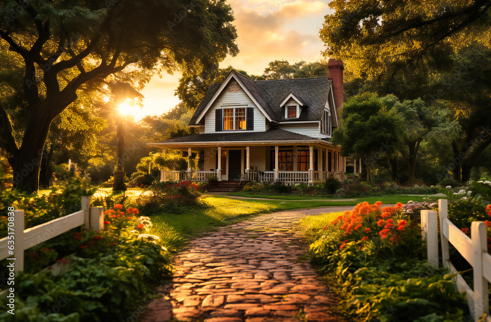 home at sunset with white picket fence - obrazy, fototapety, plakaty 