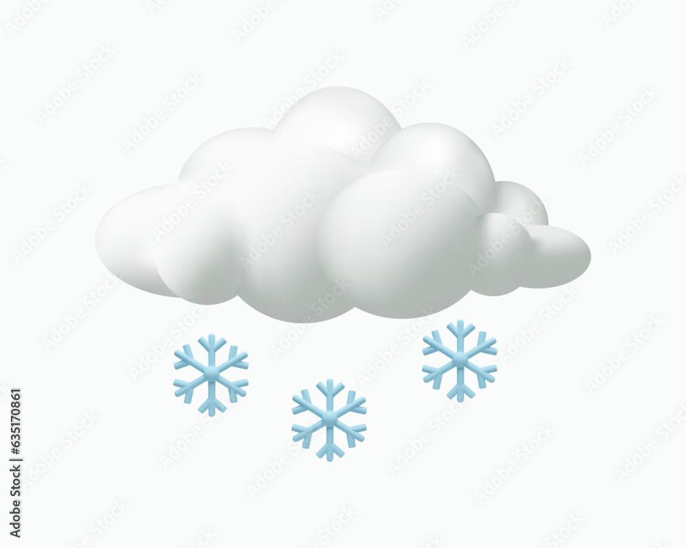 3D render snow weather. Meteorology winter season. Weather forecast about cold. Realistic snowflakes and cloud. Vector illustration in plastic style. Climate icon 3D render snow weather. Meteorology winter season. Weather forecast about cold. Realistic snowflakes and cloud. Vector illustration in plastic style. Climate icon