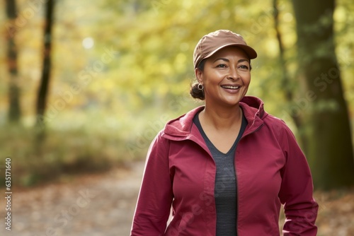 Portrait of a Happy Woman Walking in a Park in Autumn, with Copy Space