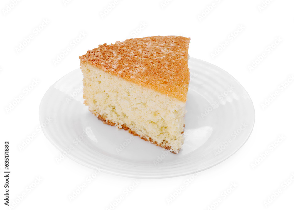 Plate with piece of tasty sponge cake isolated on white