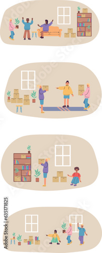 Vector illustration. A large set of multi-colored people in different poses. Moving box. Loader.