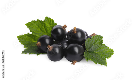 Ripe blackcurrants and leaves isolated on white